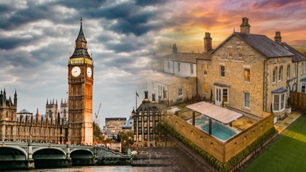 Londres e uma casa britânica ao entardecer